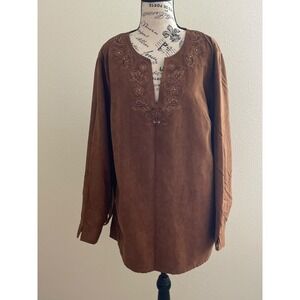 Pappagallo Faux Suede Embroidered Tunic Tops Lot of 2 Brown Burgundy Plus 1X